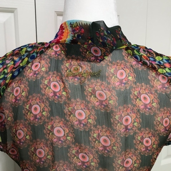 Desigual Sheer Floral Tie V-Neck Blouse S Y2K Cap Sleeve Art Print - Picture 13 of 17